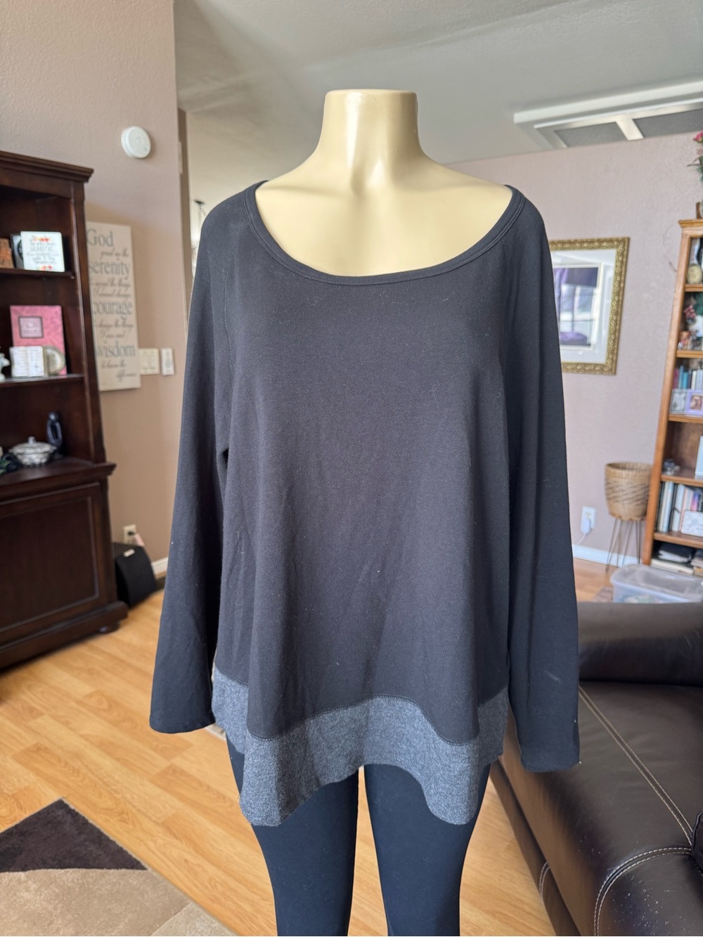 Kersh Black Long-Sleeve Scoop Neck Tunic with Gray Layered Hem-size XL
